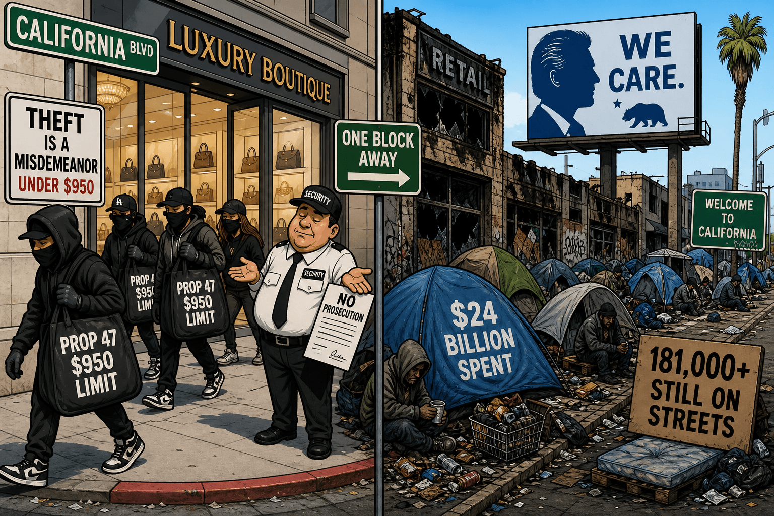 Editorial cartoon: California smash-and-grab theft enabled by Prop 47 and homeless encampments