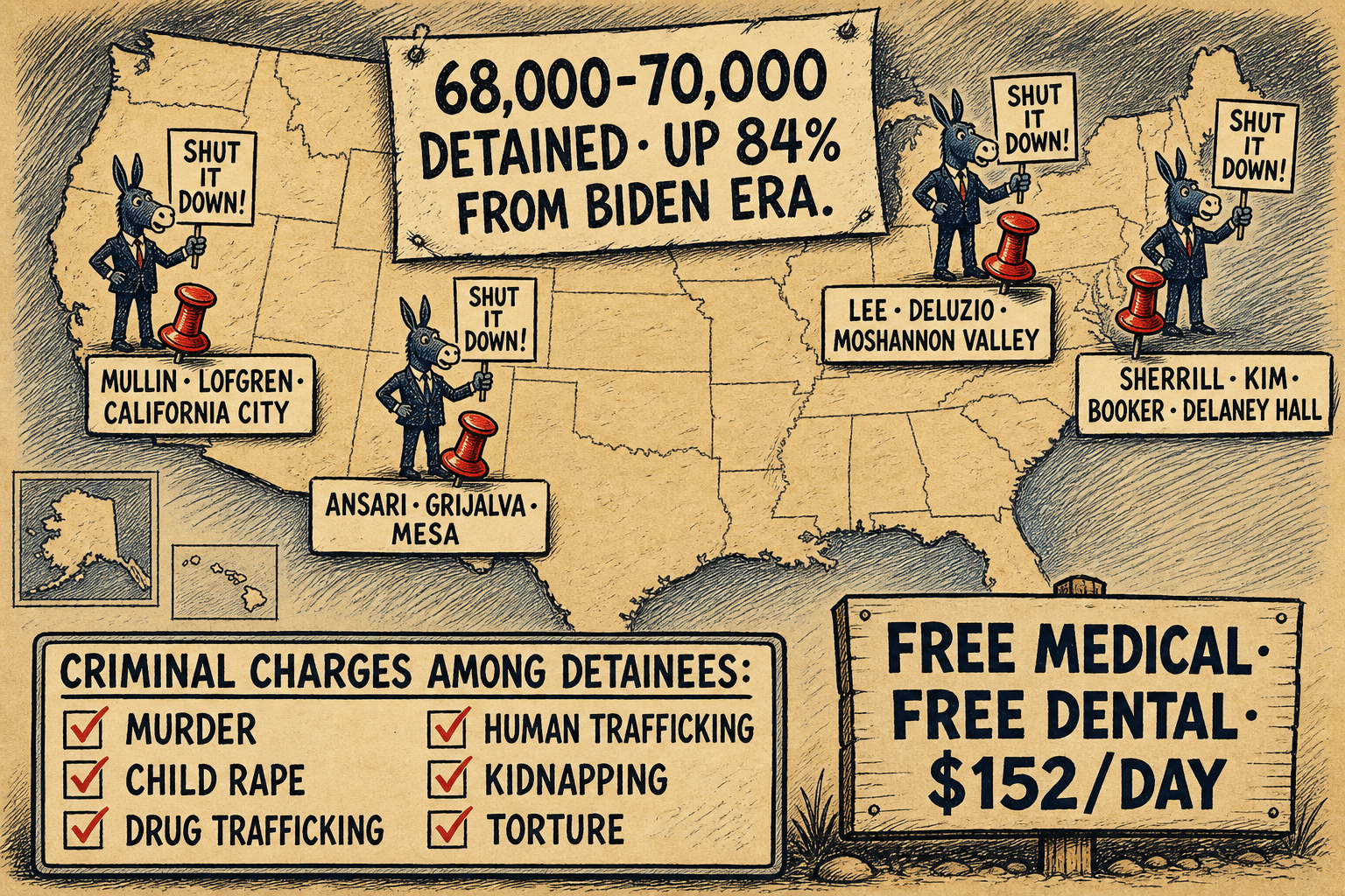 Editorial cartoon: map of Democratic politicians visiting ICE facilities across America — PA, CA, AZ, NJ — while detainees include murderers and child rapists