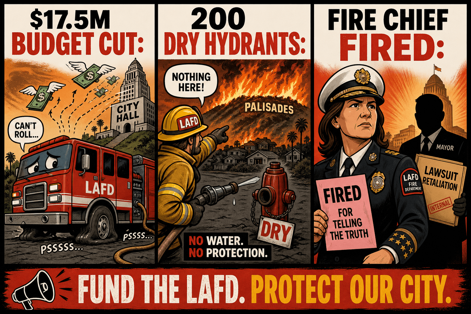 Karen Bass LAFD failures — $17.5M cut, 200 dry hydrants, Fire Chief Crowley fired for telling the truth.