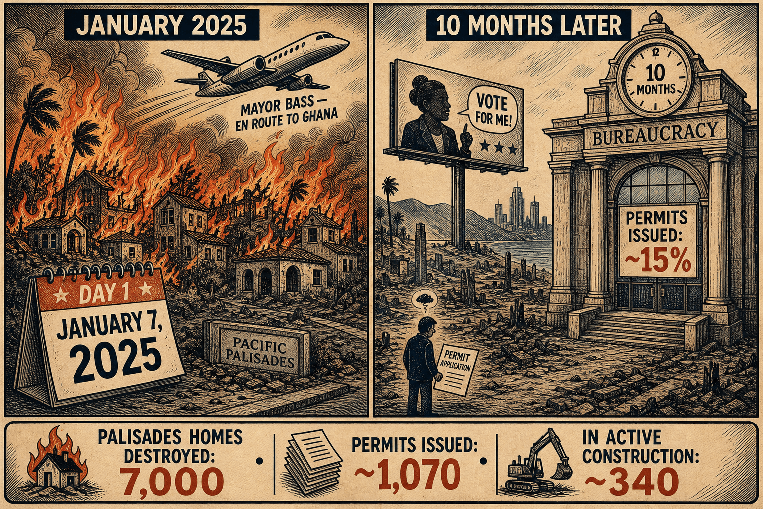 Editorial cartoon: a calendar showing 10 months since the January 2025 Palisades fire, only 15% of homes permitted, a permit office window slammed shut, while Bass campaigns at a ballot drop box.