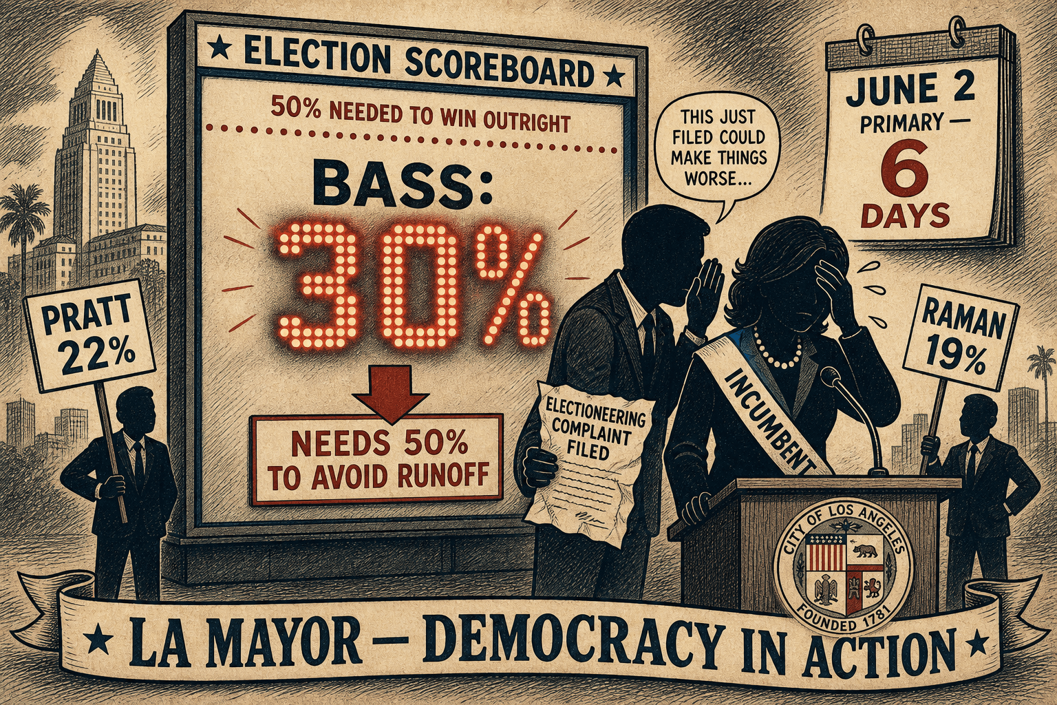 Editorial cartoon: Karen Bass at 30% — far short of the 50% needed to avoid a November runoff — with Pratt and Raman flanking her and the ballot-box complaint in hand.