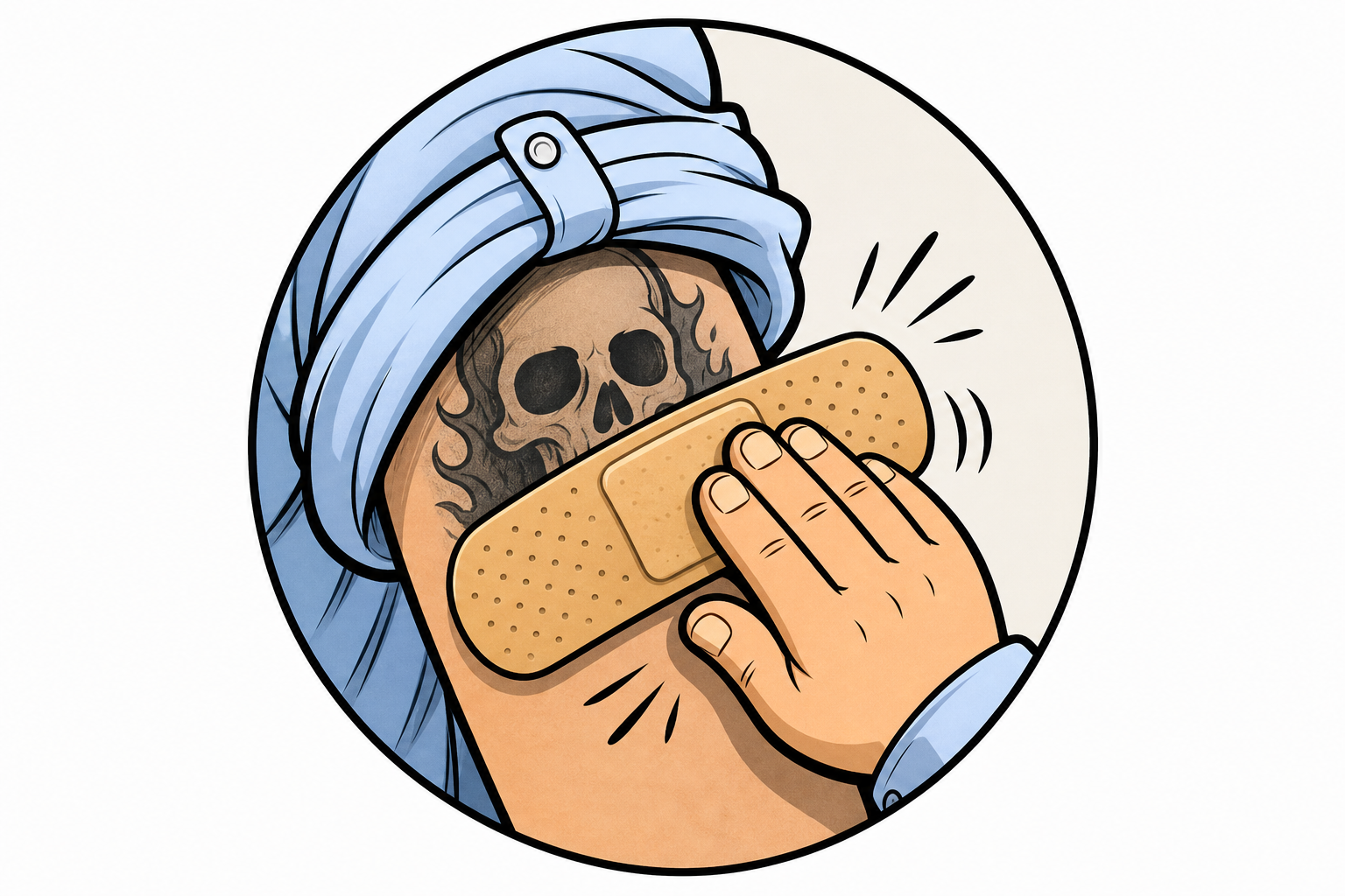 Editorial icon of a hand pressing a bandage over a hidden skull tattoo.