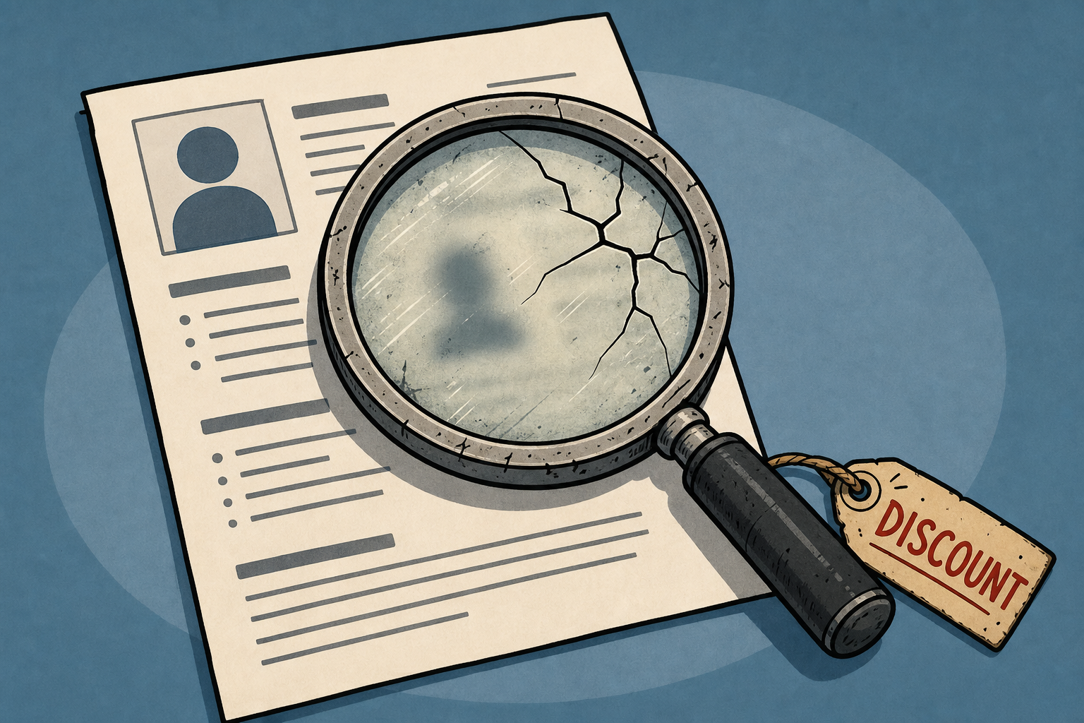 Editorial icon of a cracked, cheap magnifying glass over a blurred résumé, tagged 'Discount.'