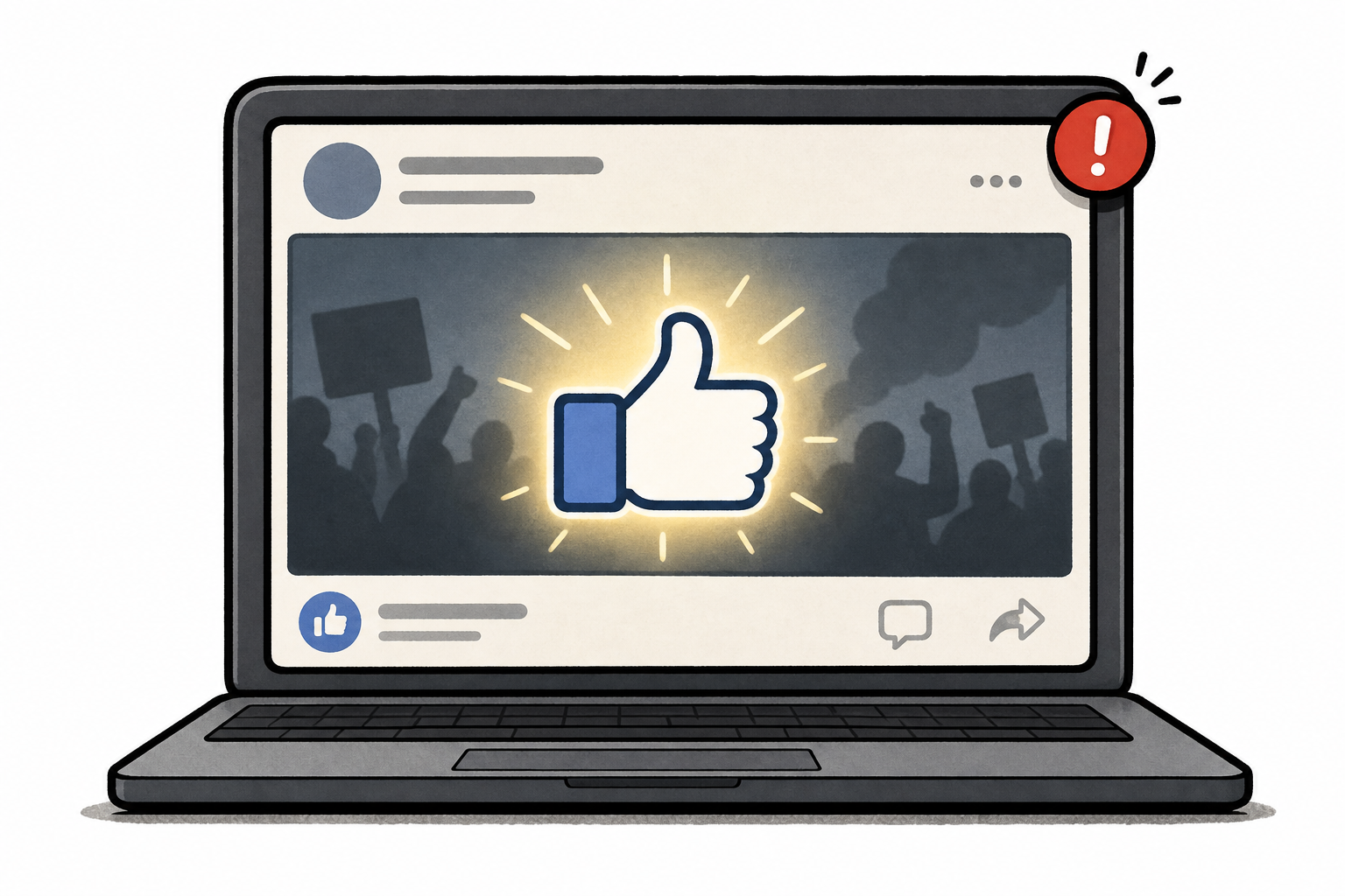 Editorial icon of a laptop showing a 'like' button glowing over a shadowy scene.