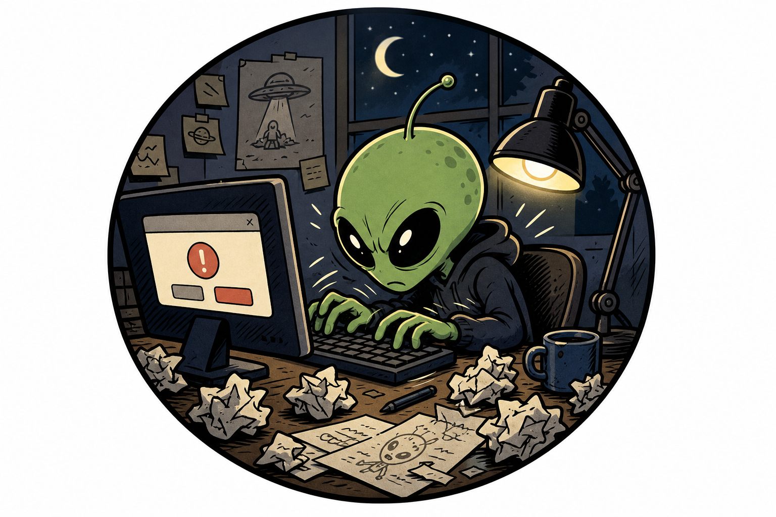 Editorial icon of a cartoon figure typing late at night with a 'delete post?' popup ignored.