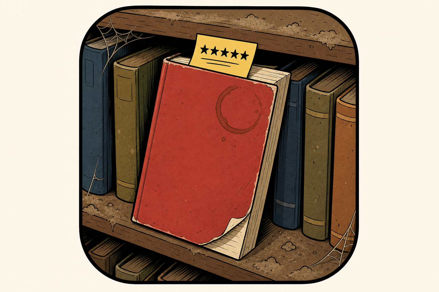 Editorial icon of a well-worn red paperback pulled off a dusty bookshelf.