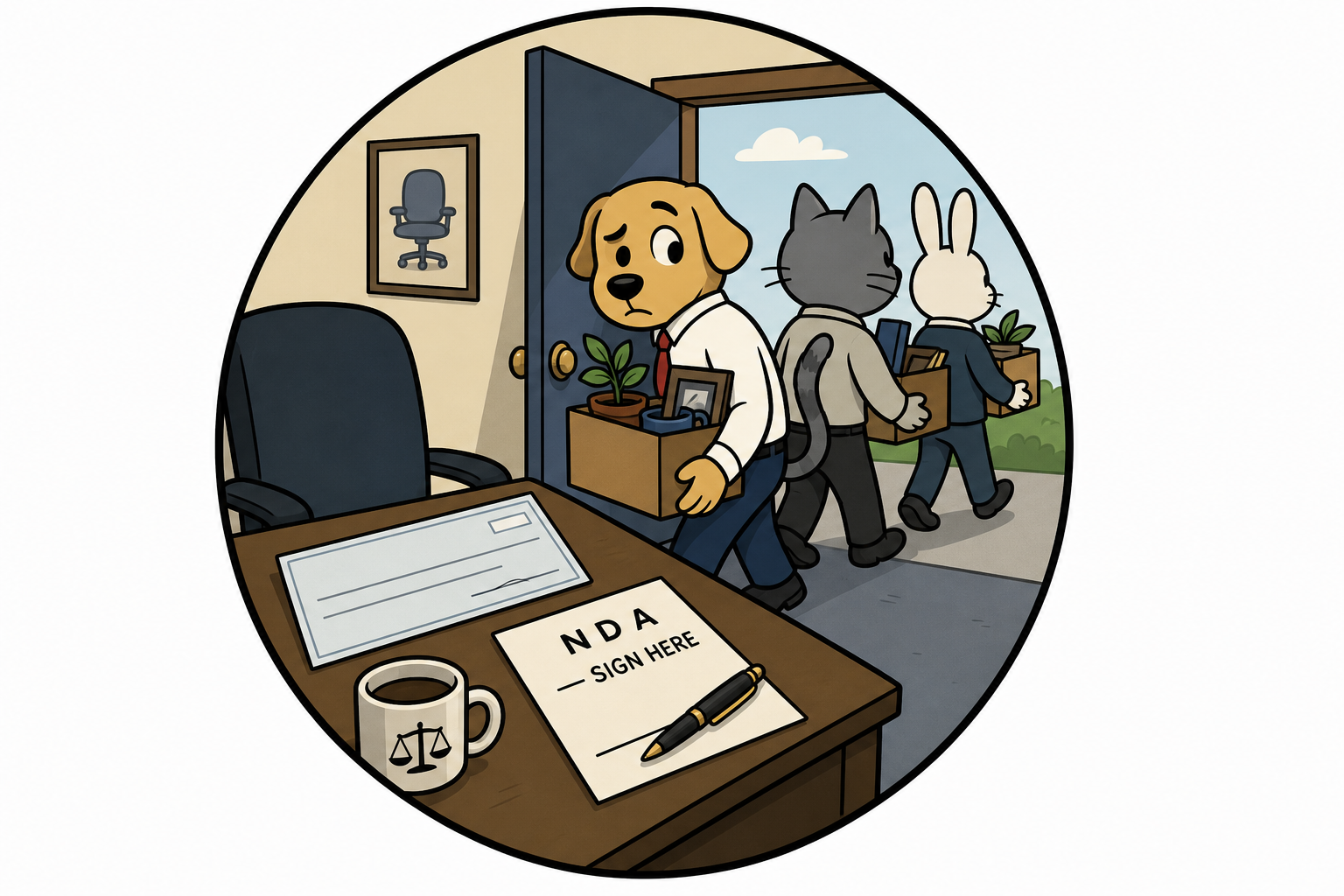 Editorial icon of animal-mascot staffers walking out with boxes past a blank check and an NDA on the desk.