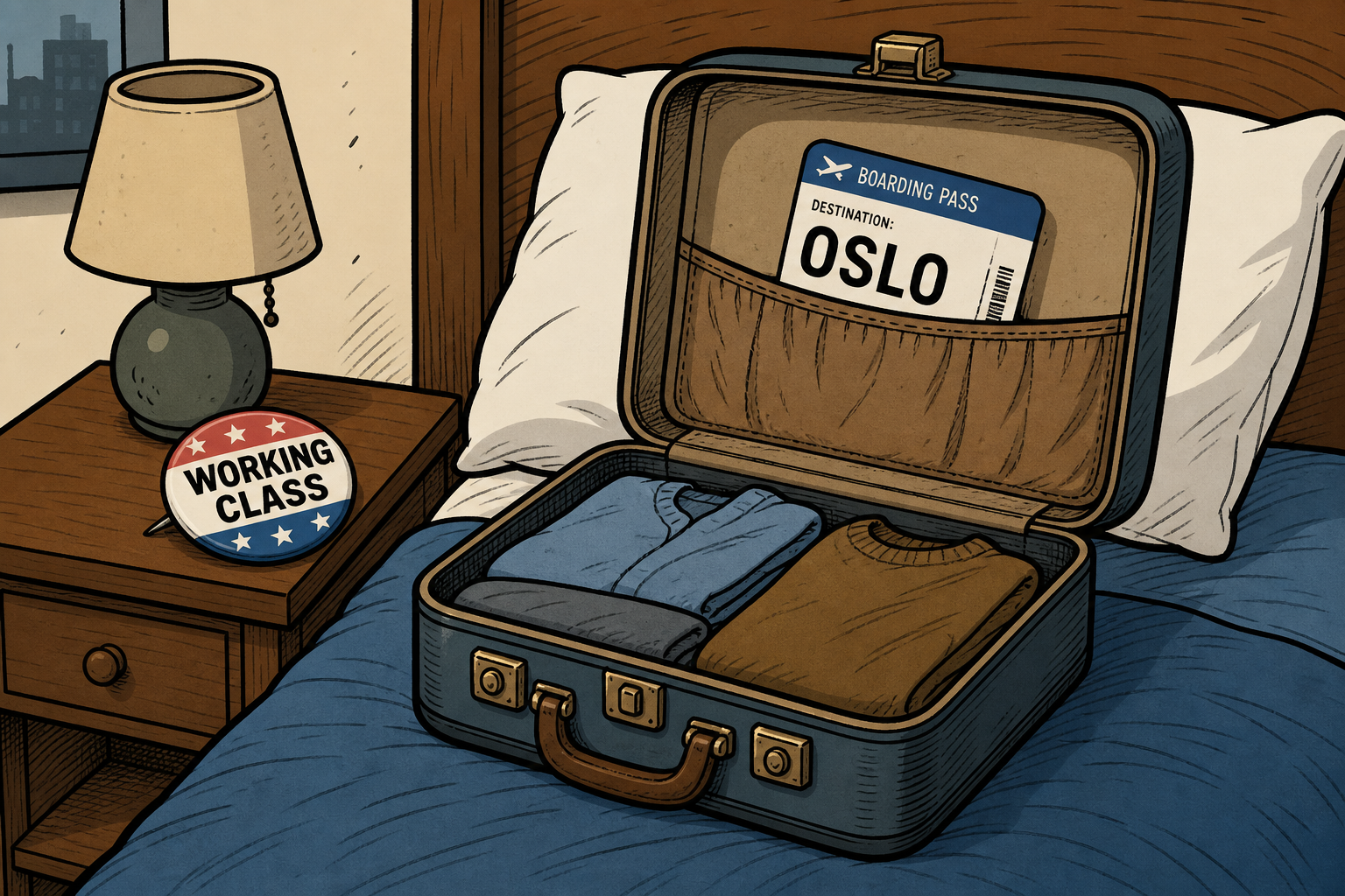 Editorial icon of a packed suitcase with an Oslo boarding pass, a 'Working Class' pin left on the nightstand.