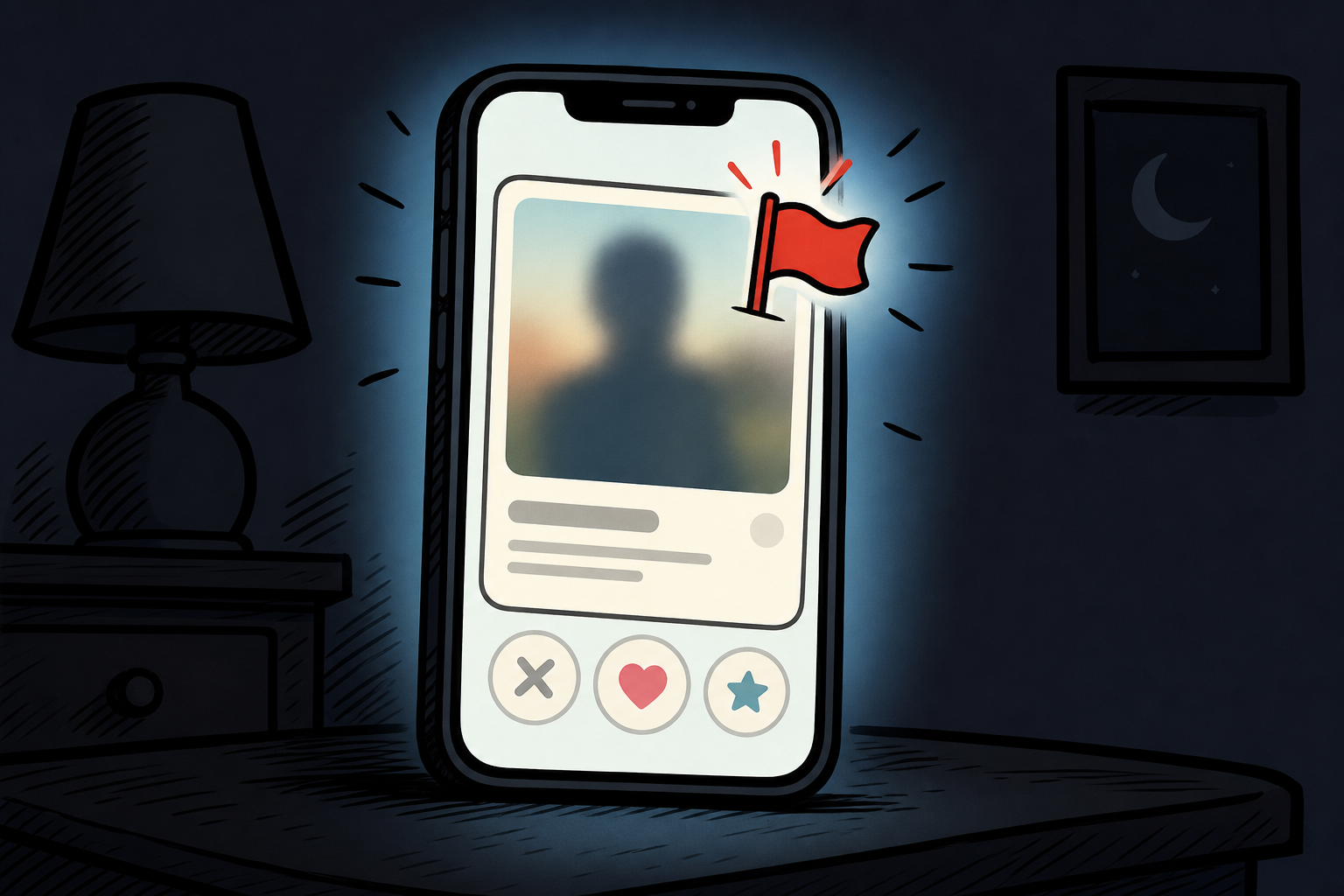 Editorial icon of a smartphone showing a blurred dating-app profile with a red flag.
