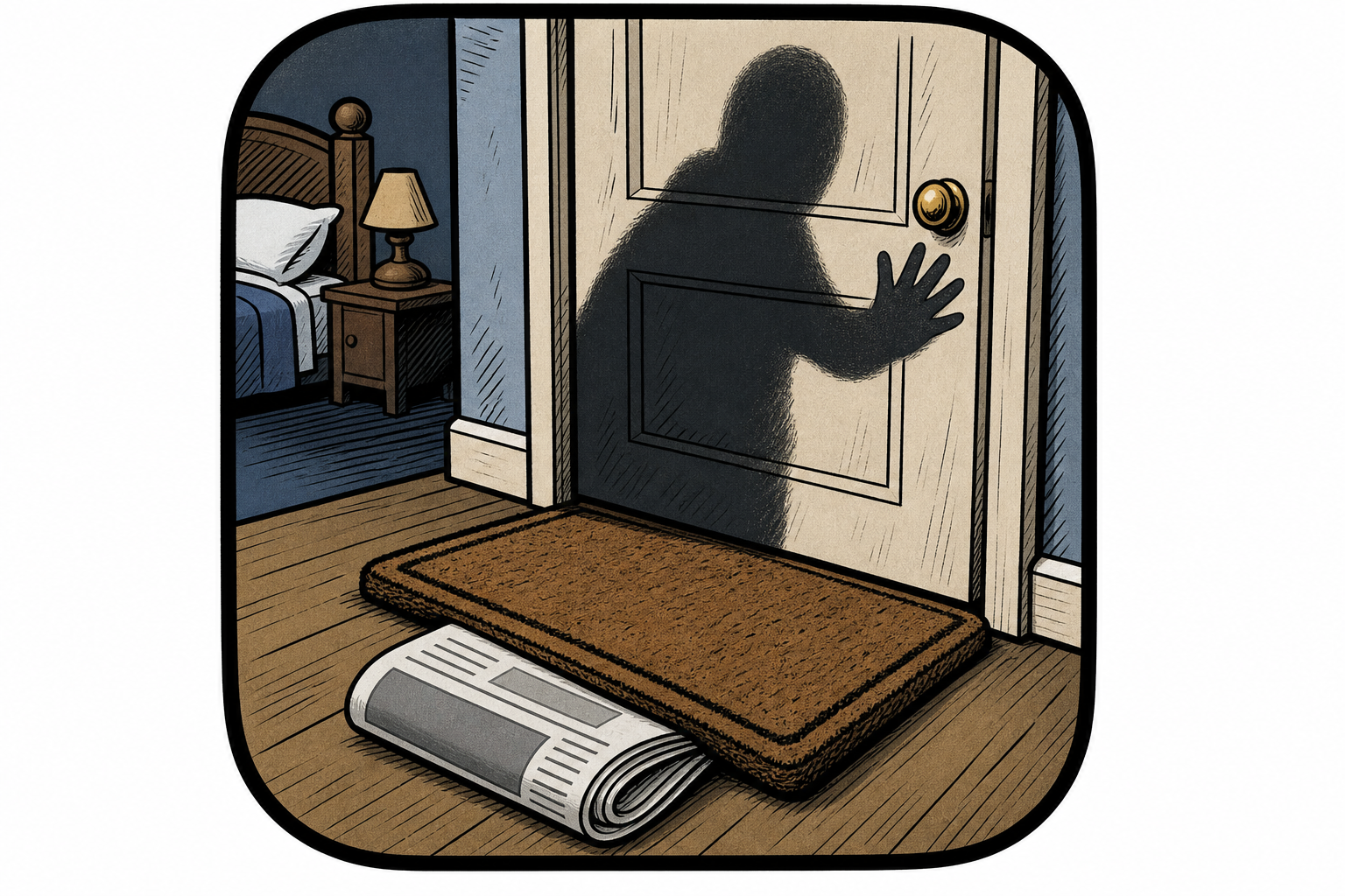 Editorial icon of a shadowy figure holding a bedroom door shut, a blank newspaper on the mat.