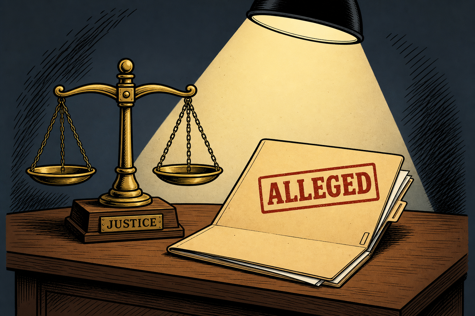 Editorial icon of scales of justice beside a folder stamped 'Alleged.'