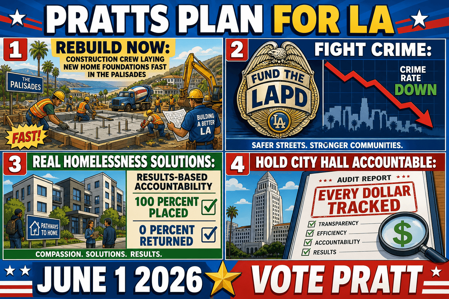 Spencer Pratt's plan for LA: rebuild the Palisades, fight crime, real homelessness solutions, hold city hall accountable.